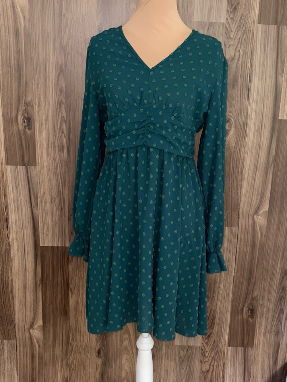Shein Swiss Dot Long Sleeve Vneck  Mini Dress L Emerald Green